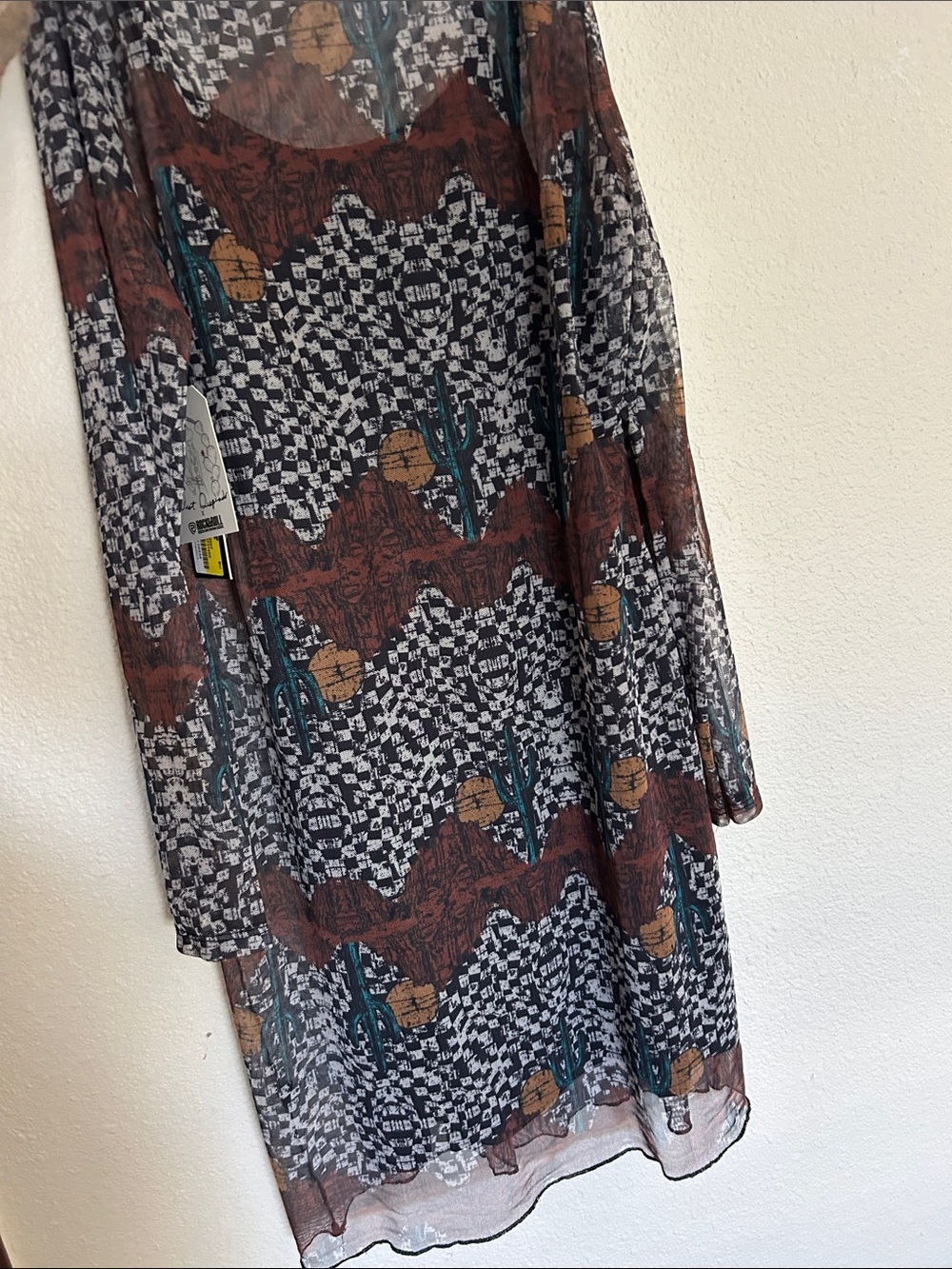 Sheer Patterned Long Sleeve Dress in Brown & Black